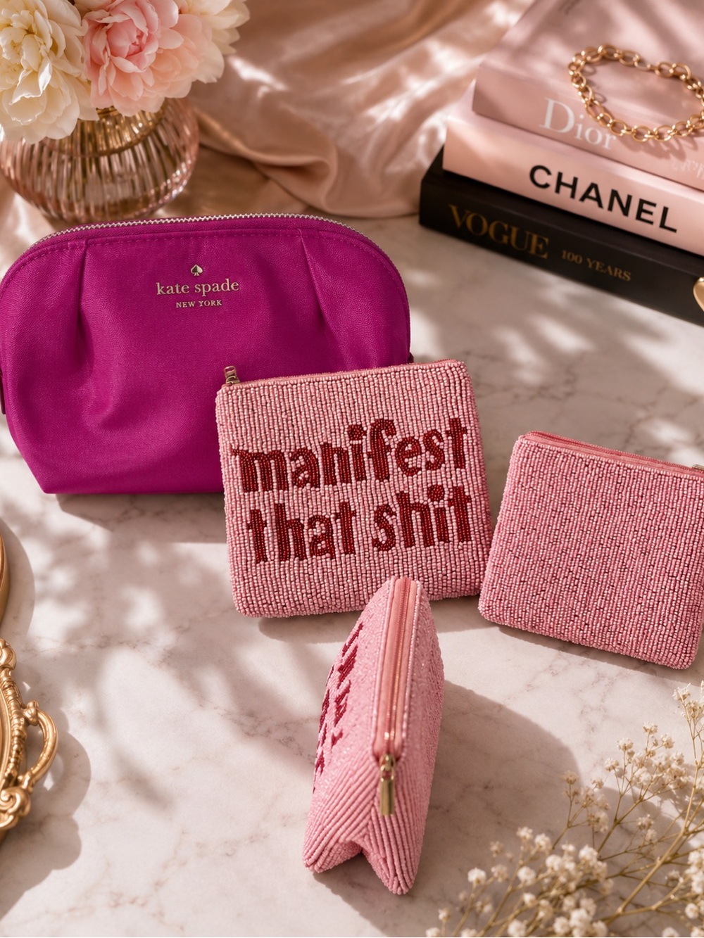 Pink and Blush Beaded Cosmetic Pouch Set